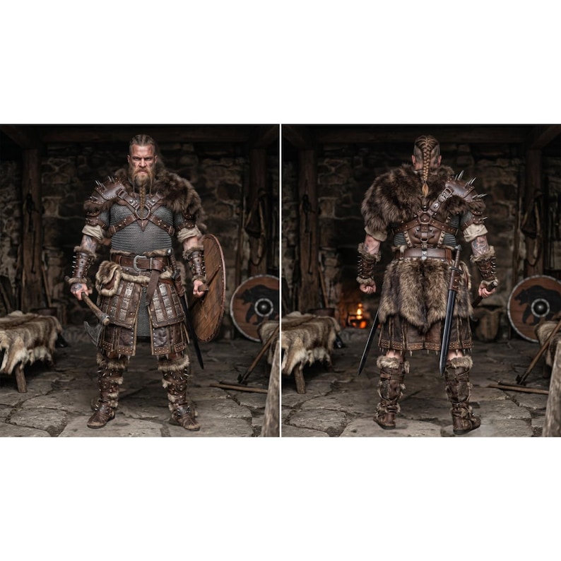 May include: A detailed depiction of a Viking warrior in full battle attire. The costume includes a fur-lined shoulder piece, studded leather armor, and a chainmail shirt. The warrior is holding an axe and a shield, with a sword at his side.