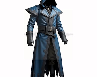 Cosplay Mystic Blue Leather Coat- Handmade Gothic Hooded Coat- Fantasy Blue Leather Cloak with Black Trim- Dark Wizard Blue Coat- Roleplay
