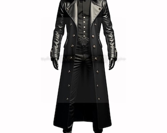 Dashing Black Leather Trench Coat - Handcrafted Full-Length Coat - Steampunk Double-Breasted Coat - Gothic Style Trench Coat