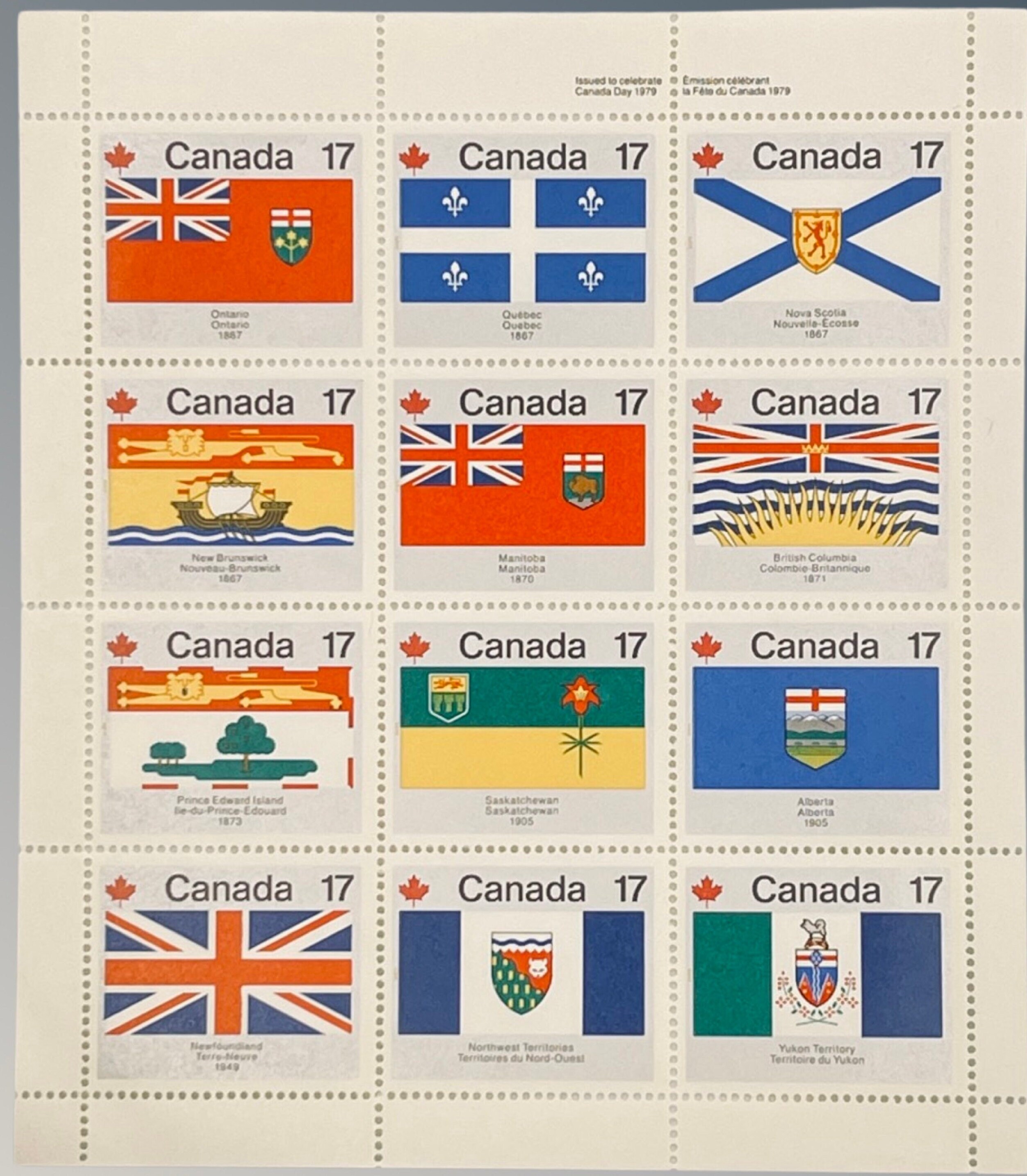 Canada Provincial And Territorial Flags Stamps Unused Pane Of 12 X 17 Canada Provincial And Territorial Flags Stamps Unused Pane Of 12 X 17