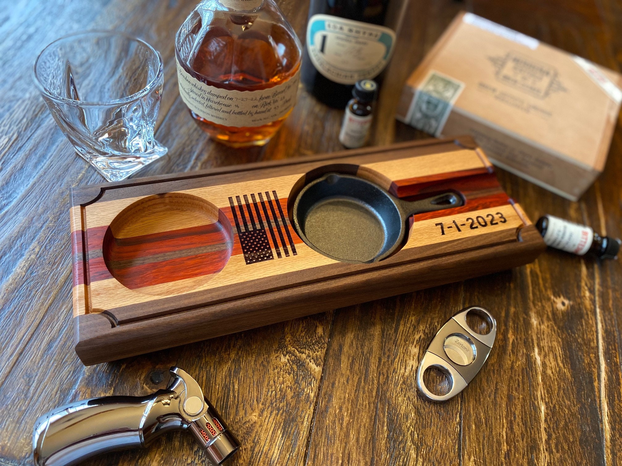 KOVOT Cigar Ashtray and Whiskey Glass Tray – Exquisite Rustic Wooden Tray  with Cocktail Glass Coaster – Wood Cigar Ashtray with Slot to Hold Cigar –  Accessory Set Gift for Men Christmas