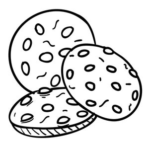 Puede incluir: Ilustraci&oacute;n en blanco y negro de tres galletas con chispas de chocolate. Las galletas son redondas con chispas de chocolate ovaladas y l&iacute;neas onduladas. Las galletas est&aacute;n apiladas y superpuestas, con diferentes tama&ntilde;os y perspectivas.