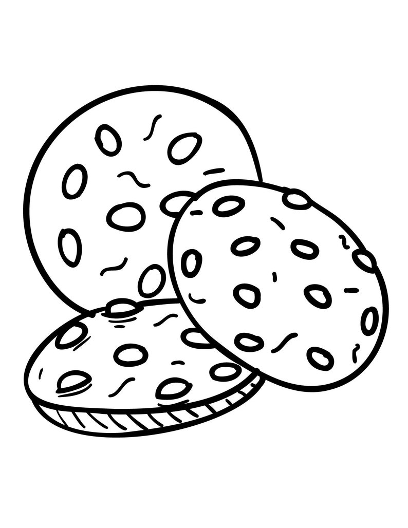 Puede incluir: Ilustraci&oacute;n en blanco y negro de tres galletas con chispas de chocolate. Las galletas son redondas con chispas de chocolate ovaladas y l&iacute;neas onduladas. Las galletas est&aacute;n apiladas y superpuestas, con diferentes tama&ntilde;os y perspectivas.