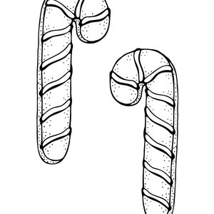 Puede incluir: Dos bastones de caramelo en blanco y negro. Cada bast&oacute;n tiene una parte superior curvada y un cuerpo recto con rayas diagonales. Los bastones de caramelo est&aacute;n decorados con peque&ntilde;os puntos.