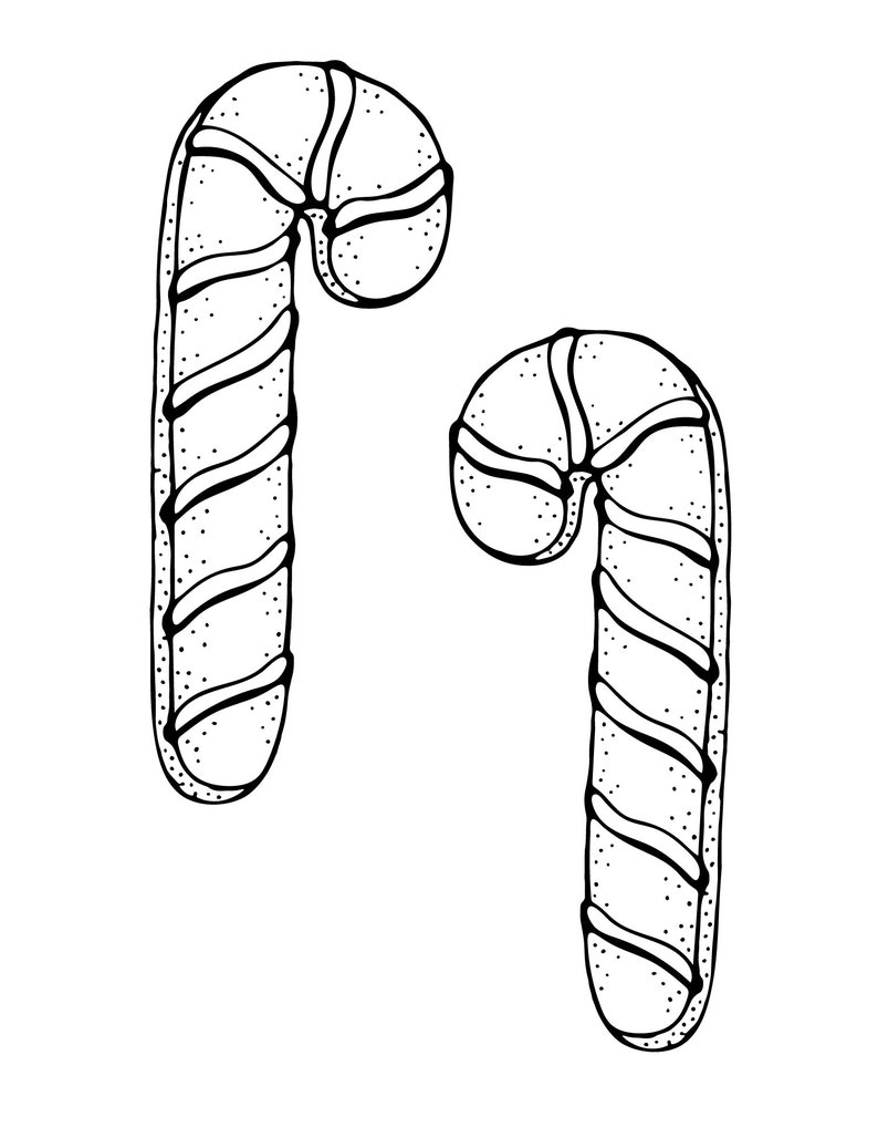 Puede incluir: Dos bastones de caramelo en blanco y negro. Cada bast&oacute;n tiene una parte superior curvada y un cuerpo recto con rayas diagonales. Los bastones de caramelo est&aacute;n decorados con peque&ntilde;os puntos.