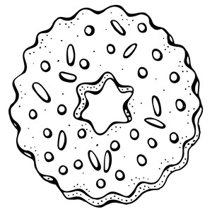 Puede incluir: Un dibujo lineal en blanco y negro de una galleta con un agujero en forma de estrella en el centro. La galleta tiene un borde ondulado y est&aacute; decorada con peque&ntilde;os c&iacute;rculos y &oacute;valos.