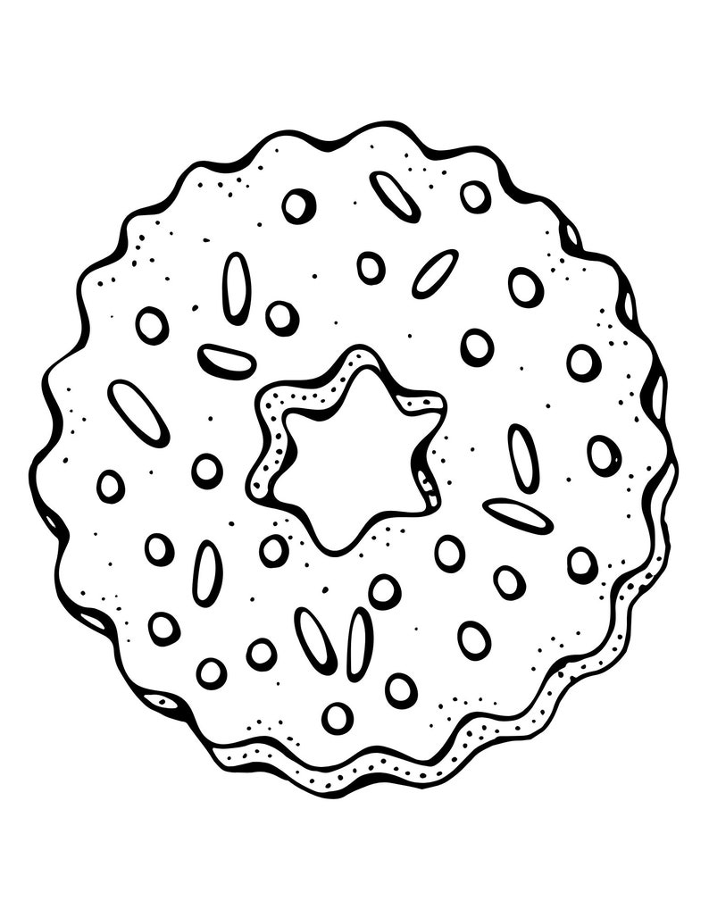 Puede incluir: Un dibujo lineal en blanco y negro de una galleta con un agujero en forma de estrella en el centro. La galleta tiene un borde ondulado y est&aacute; decorada con peque&ntilde;os c&iacute;rculos y &oacute;valos.