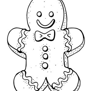 Puede incluir: Dibujo lineal en blanco y negro de un hombre de jengibre. El hombre de jengibre tiene una cara sonriente, una pajarita y tres botones. Los bordes del hombre de jengibre est&aacute;n decorados con un patr&oacute;n ondulado.