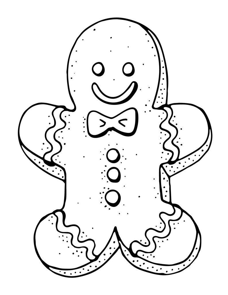 Puede incluir: Dibujo lineal en blanco y negro de un hombre de jengibre. El hombre de jengibre tiene una cara sonriente, una pajarita y tres botones. Los bordes del hombre de jengibre est&aacute;n decorados con un patr&oacute;n ondulado.