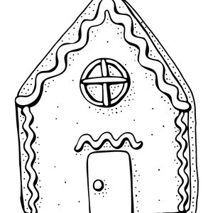 Puede incluir: Ilustraci&oacute;n en blanco y negro de una casa de jengibre. La casa presenta una puerta, una ventana redonda con un dise&ntilde;o de cruz y glaseado decorativo a lo largo del techo y los bordes. Peque&ntilde;os puntos est&aacute;n dispersos por la superficie.