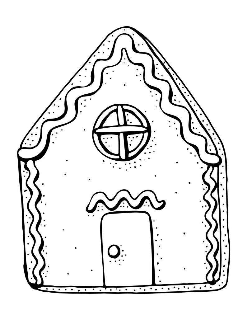 Puede incluir: Ilustraci&oacute;n en blanco y negro de una casa de jengibre. La casa presenta una puerta, una ventana redonda con un dise&ntilde;o de cruz y glaseado decorativo a lo largo del techo y los bordes. Peque&ntilde;os puntos est&aacute;n dispersos por la superficie.