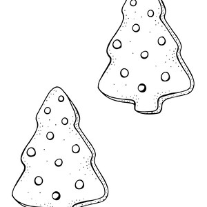 Puede incluir: Dos galletas en forma de &aacute;rbol de Navidad en blanco y negro. Cada galleta tiene un contorno punteado y est&aacute; decorada con puntos circulares. Las galletas est&aacute;n sobre un fondo blanco.