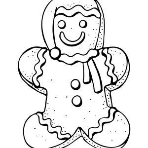 Puede incluir: Dibujo lineal en blanco y negro de un hombre de jengibre. El hombre de jengibre tiene un sombrero y una bufanda, y tiene tres botones. Los bordes est&aacute;n decorados con un patr&oacute;n ondulado y l&iacute;neas punteadas.