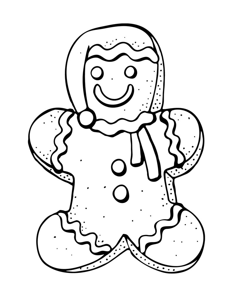Puede incluir: Dibujo lineal en blanco y negro de un hombre de jengibre. El hombre de jengibre tiene un sombrero y una bufanda, y tiene tres botones. Los bordes est&aacute;n decorados con un patr&oacute;n ondulado y l&iacute;neas punteadas.