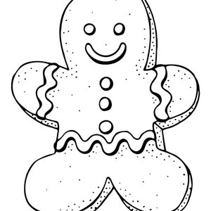 Puede incluir: Un dibujo lineal en blanco y negro de un hombre de jengibre. El hombre de jengibre tiene una cara sonriente, tres botones y l&iacute;neas onduladas para los brazos y las piernas. El contorno es punteado.
