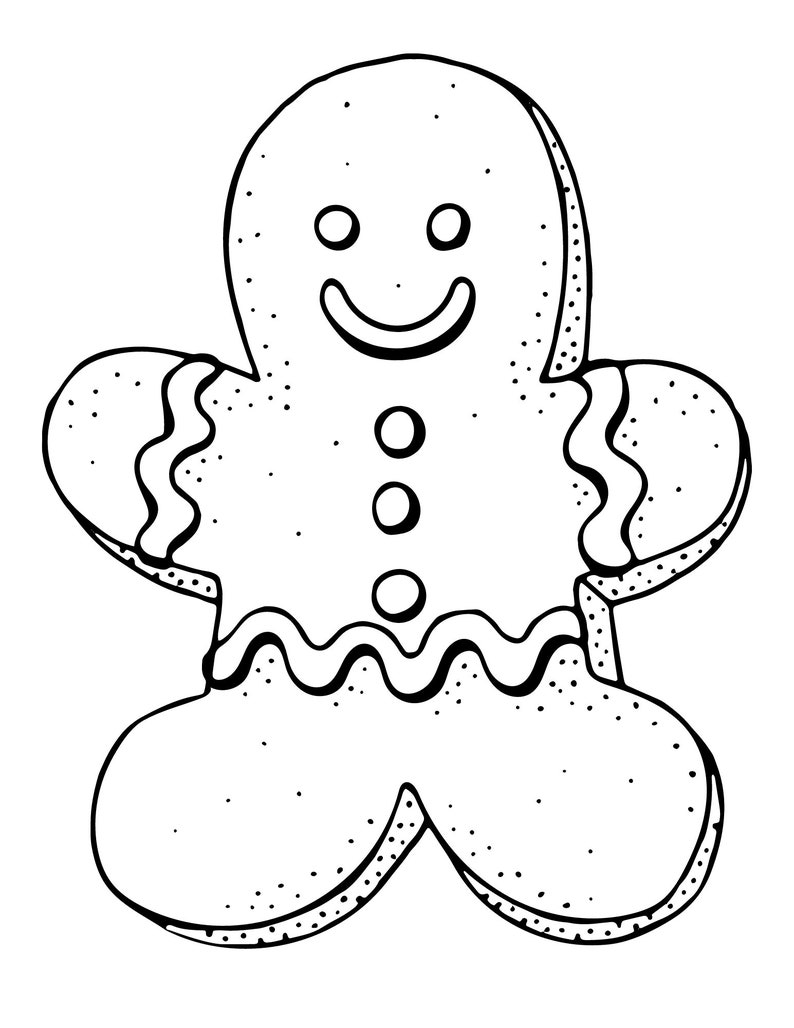 Puede incluir: Un dibujo lineal en blanco y negro de un hombre de jengibre. El hombre de jengibre tiene una cara sonriente, tres botones y l&iacute;neas onduladas para los brazos y las piernas. El contorno es punteado.