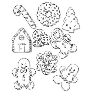 Puede incluir: Dibujos lineales en blanco y negro de galletas navide&ntilde;as, que incluyen un bast&oacute;n de caramelo, una casa de jengibre, una galleta en forma de estrella, un &aacute;rbol de Navidad, un hombre de jengibre, un copo de nieve y galletas redondas.