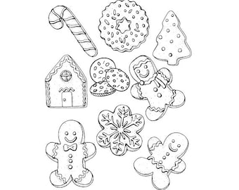 May include: A collection of black and white line art Christmas cookies, including a candy cane, gingerbread house, star-shaped cookie, Christmas tree, gingerbread man, snowflake, and round cookies.