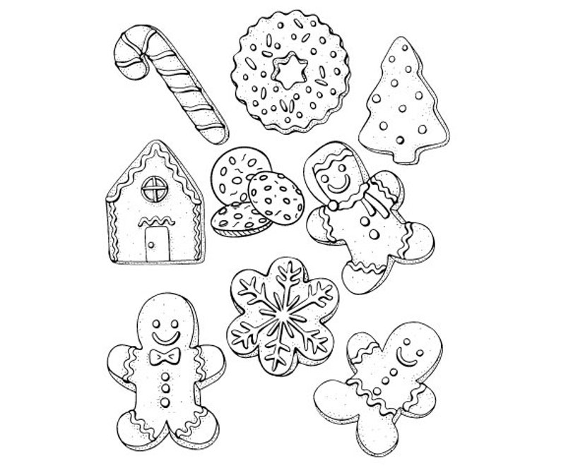 Puede incluir: Dibujos lineales en blanco y negro de galletas navide&ntilde;as, que incluyen un bast&oacute;n de caramelo, una casa de jengibre, una galleta en forma de estrella, un &aacute;rbol de Navidad, un hombre de jengibre, un copo de nieve y galletas redondas.