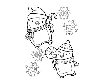 Páginas para colorear de Navidad Impresiones digitales: Edición de pingüinos de Navidad, Libros para colorear de Navidad, Libros para colorear imprimibles