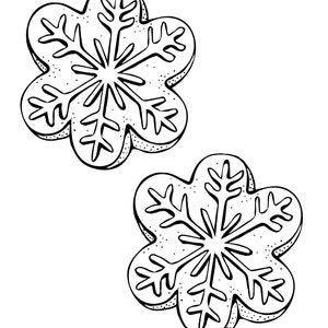 Puede incluir: Dos galletas en forma de copo de nieve en blanco y negro. Cada galleta presenta un dise&ntilde;o de seis p&eacute;talos con patrones de copos de nieve detallados en el centro. Las galletas tienen un borde punteado sobre un fondo blanco.