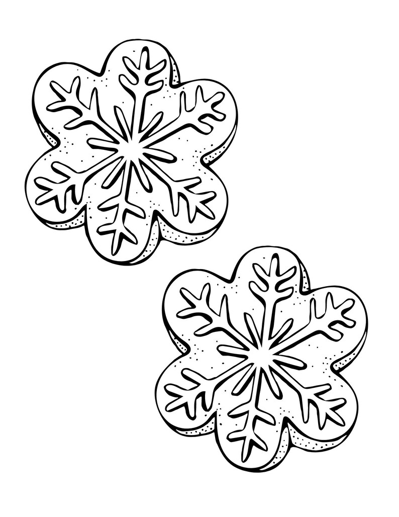 Puede incluir: Dos galletas en forma de copo de nieve en blanco y negro. Cada galleta presenta un dise&ntilde;o de seis p&eacute;talos con patrones de copos de nieve detallados en el centro. Las galletas tienen un borde punteado sobre un fondo blanco.