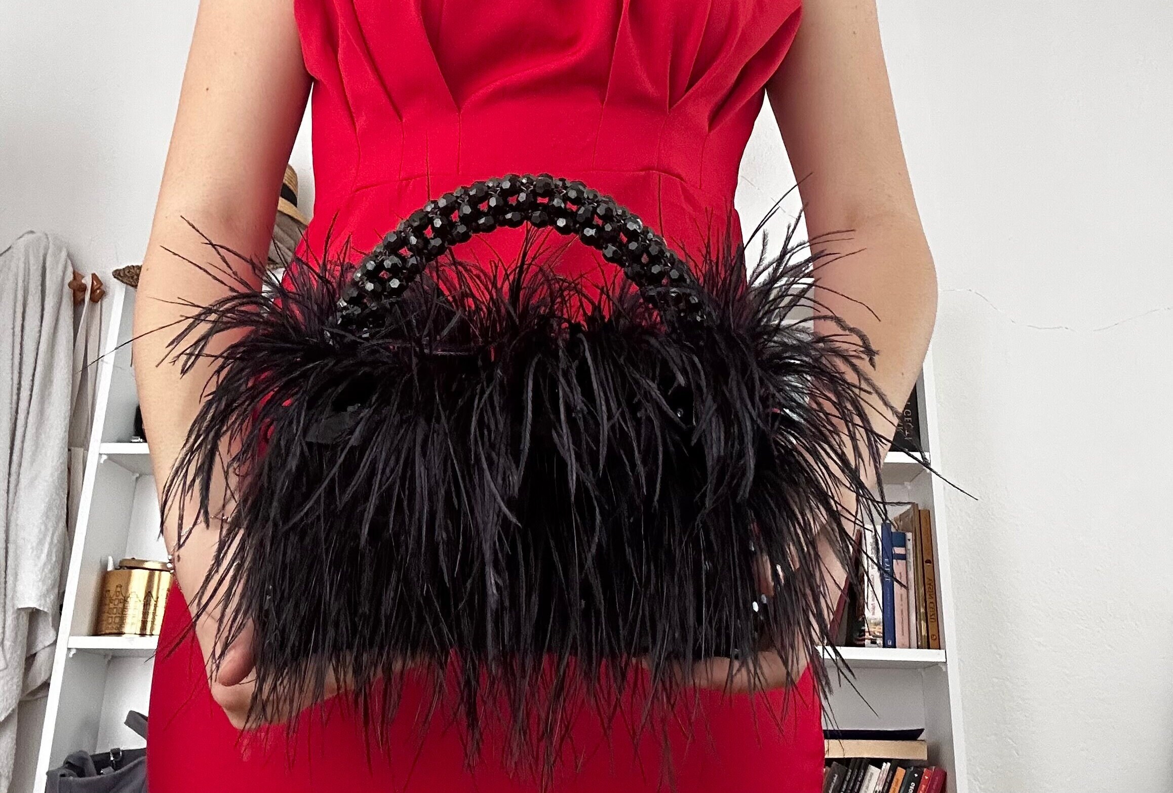 Black Evening Clutch With Ostrich Feathers Handmade Feathered 