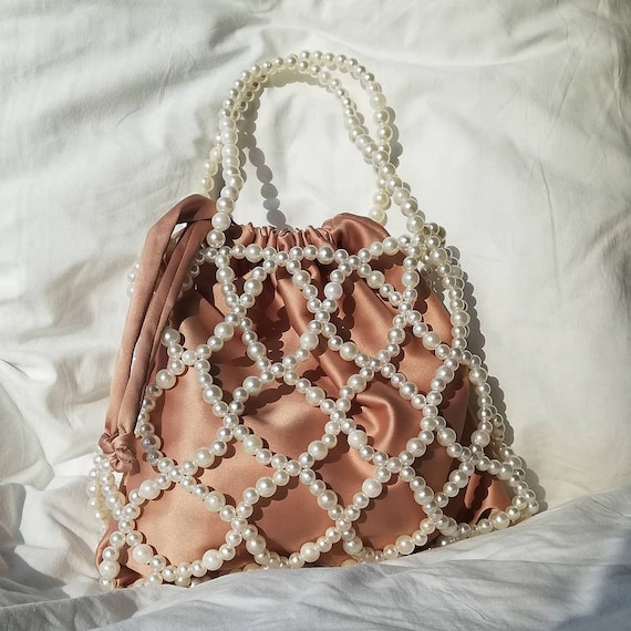 Pearl Beaded Bag Satin Pouch Bag Pearl Wedding Handbag 