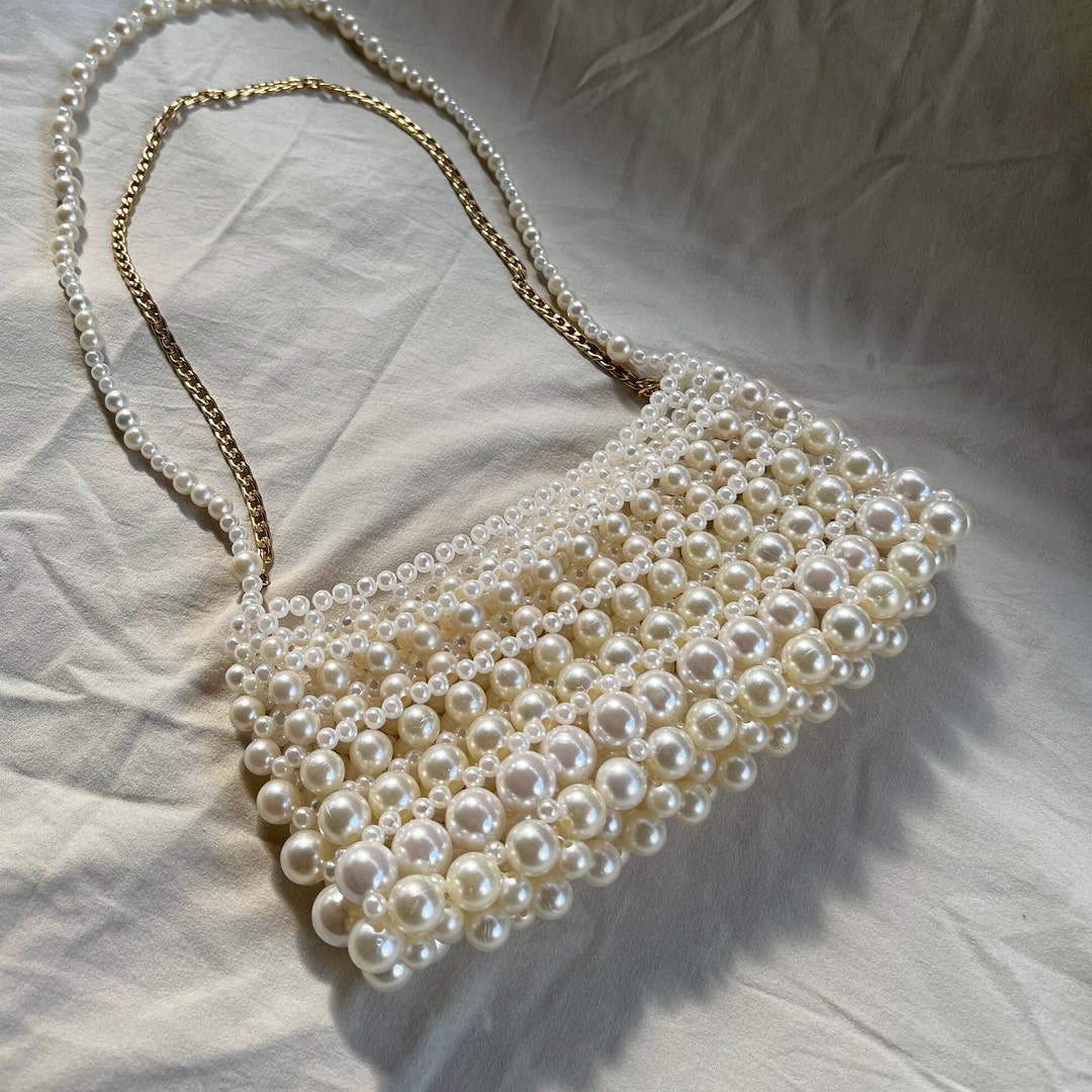 Pearl Bag | Purse in White | Small Imitation Faux Pearl Beaded Handbag | Bead Baroque Pearls | Evening Cocktail Party Bag | Womens Minimal