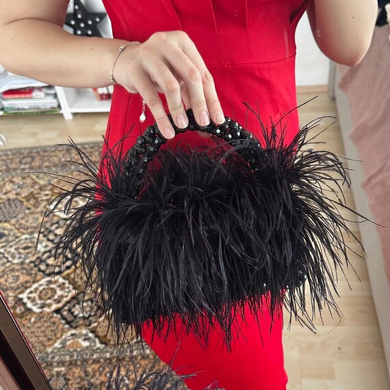 Black Ostrich Feather Purse, Ostrich Feather Evening Bag, Ostrich Feather  With Bead Bag, ,feathers Clutches for Women, Beaded Bag Black 