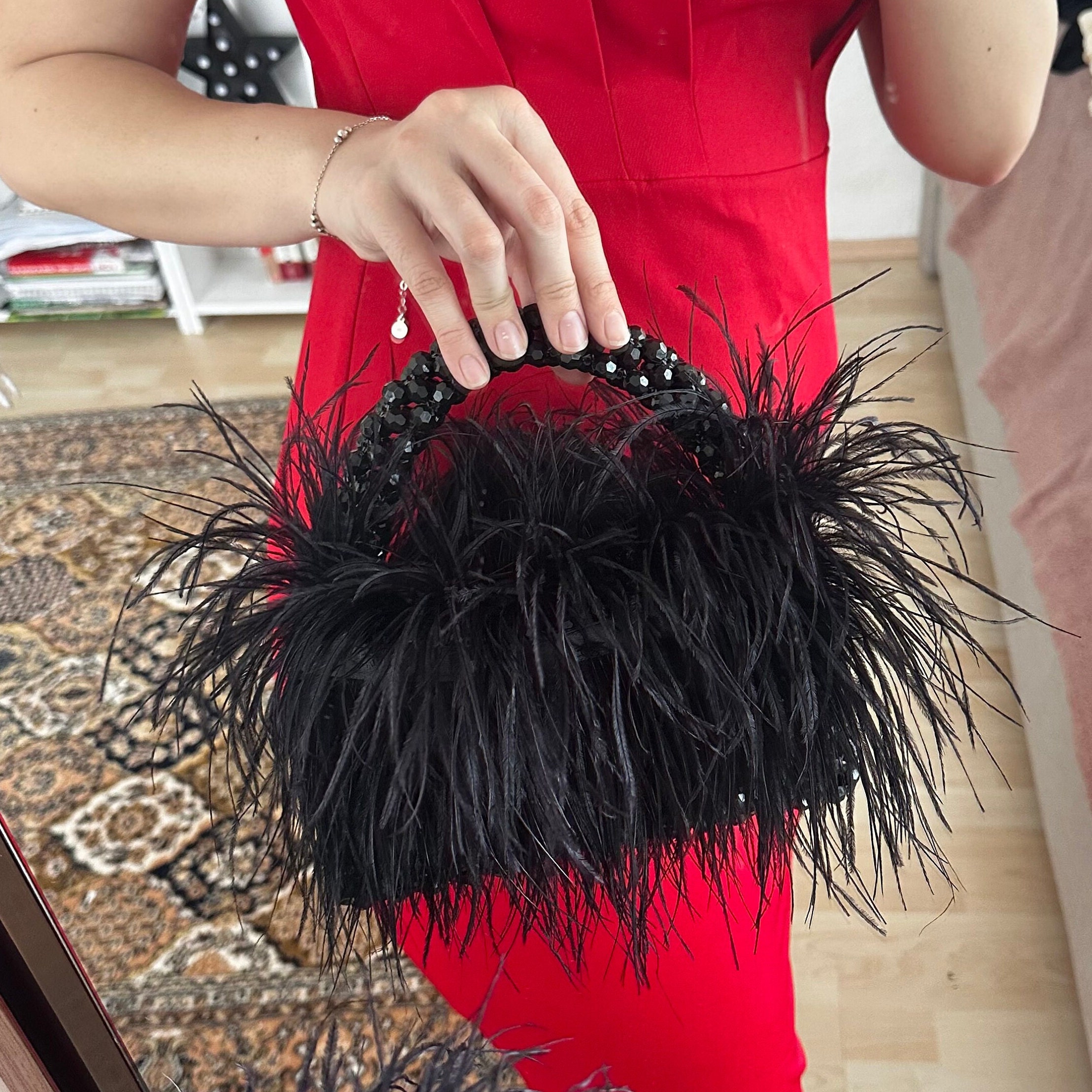GSYPS Women's Real Natural Ostrich Feather Clutch Evening Bags Fluffy Purse Handbag Feather Tote Bag for Wedding Party