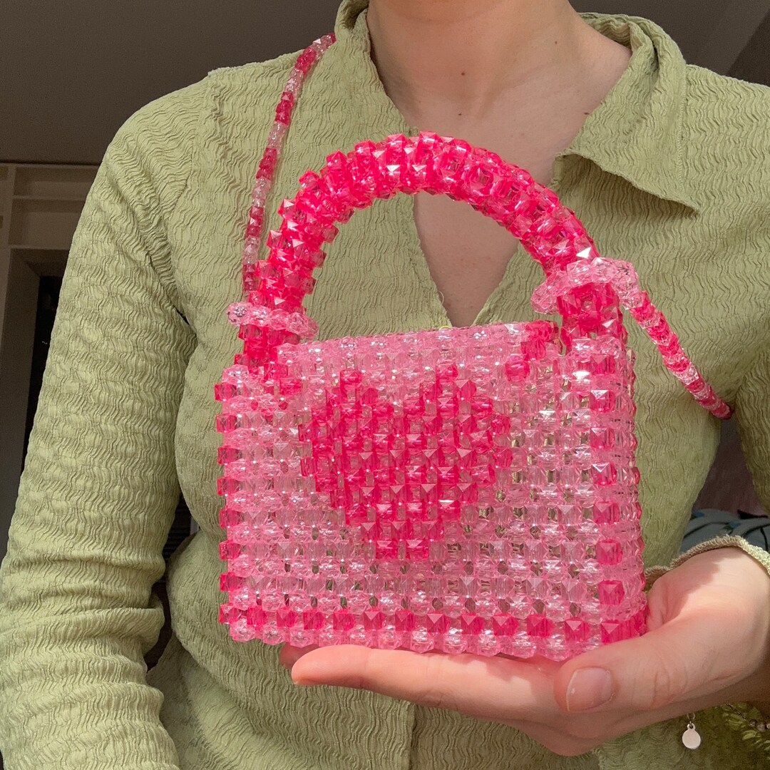 Pink Crystal Beaded Bag Pink Heart Bead Bag Bead Shoulder Etsy