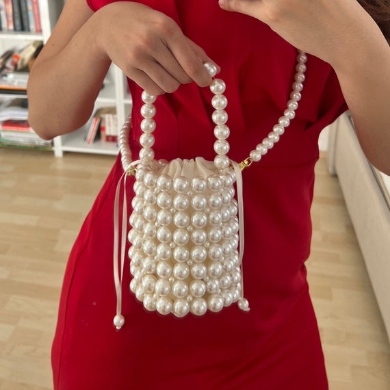 Pearl Beaded Bag, Bridal Pearl Bag, Wedding Pearl Purse, Bridal Clutch Bag,  Pearl Shoulder Bag, Bead Pearl Purse, Vintage Pearl Bag 