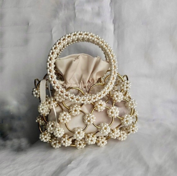 Pearl Beaded Bag, Bridal Pearl Bag, Wedding Pearl Purse, Bridal Clutch Bag,  Pearl Shoulder Bag, Bead Pearl Purse, Vintage Pearl Bag 