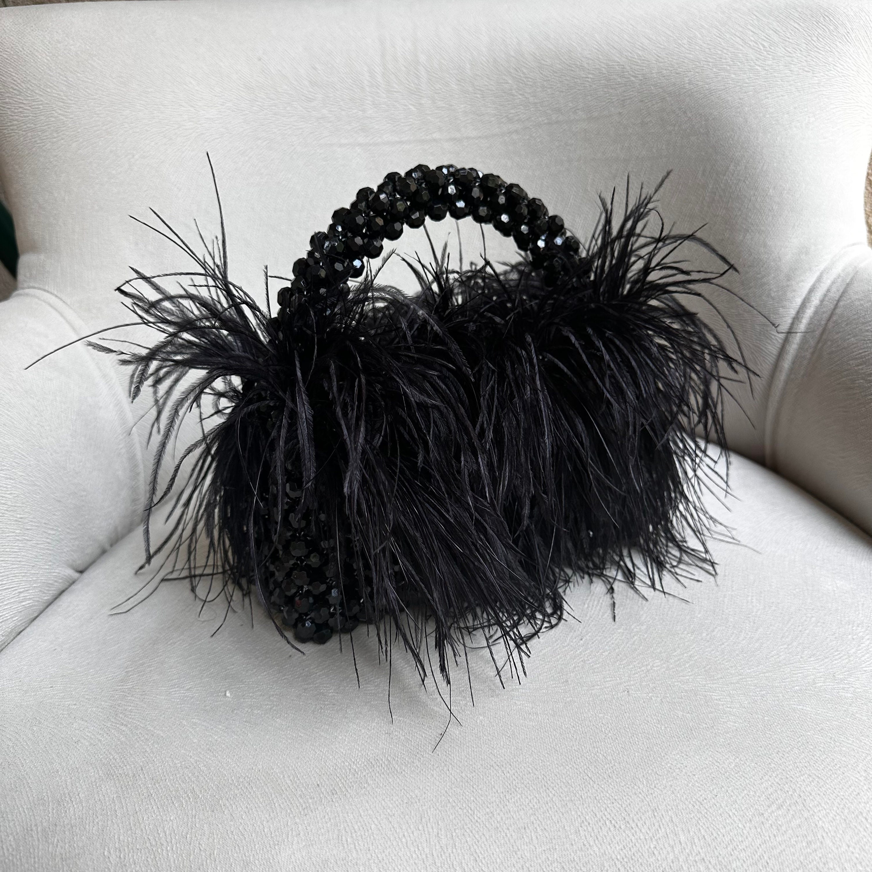 Black Ostrich Feather Purse, Ostrich Feather Evening Bag, Ostrich Feather  With Bead Bag, ,feathers Clutches for Women, Beaded Bag Black 