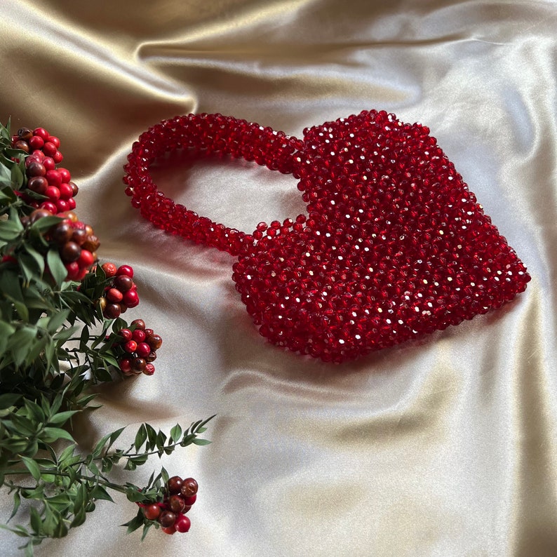 Crystal Bead Bag Red Bead Bag Heart Bead Bag Bead Shoulder Etsy
