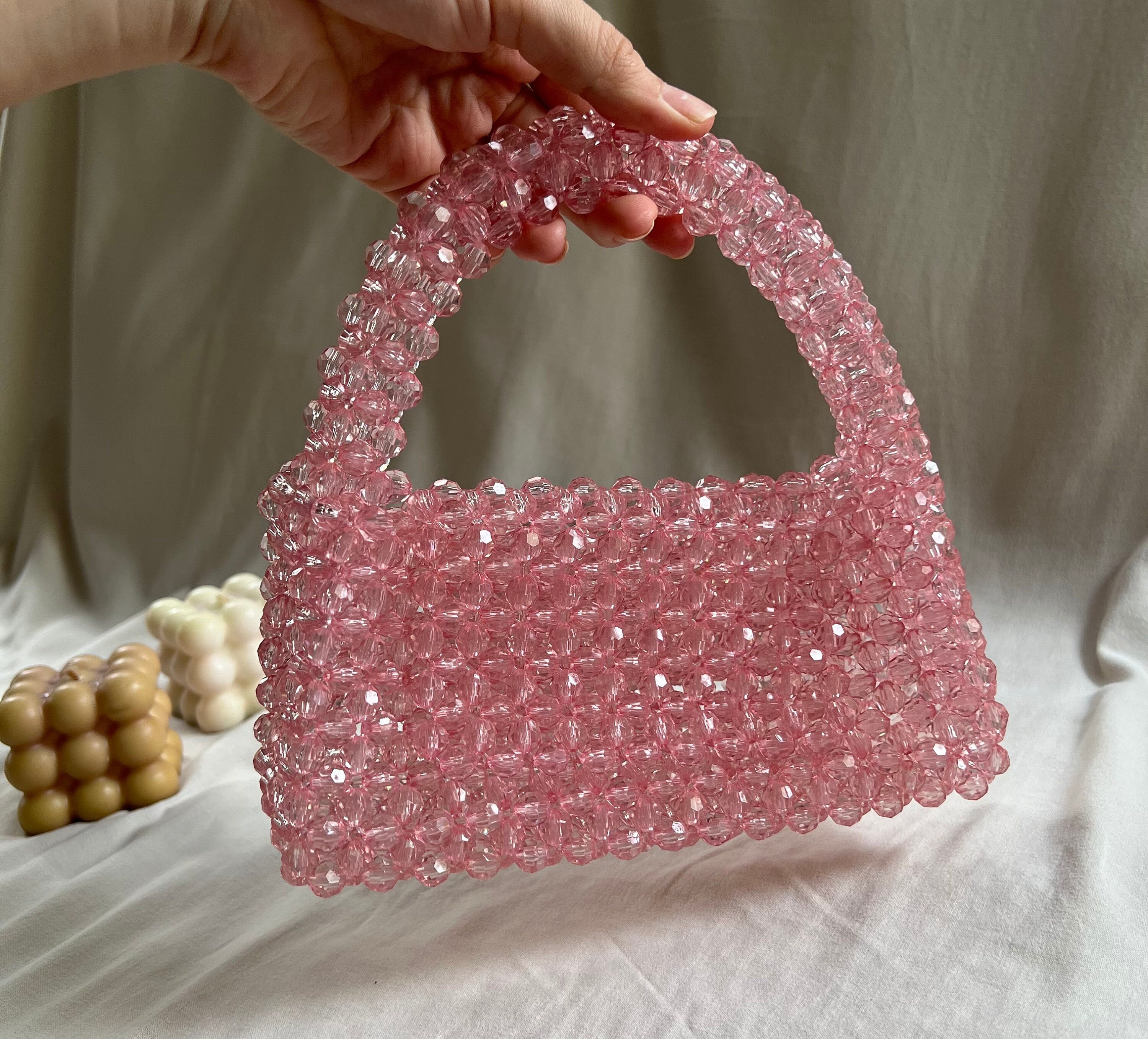 Pink Bead Bag Crystal Bead Bag Evening Bag With Handle Bead 