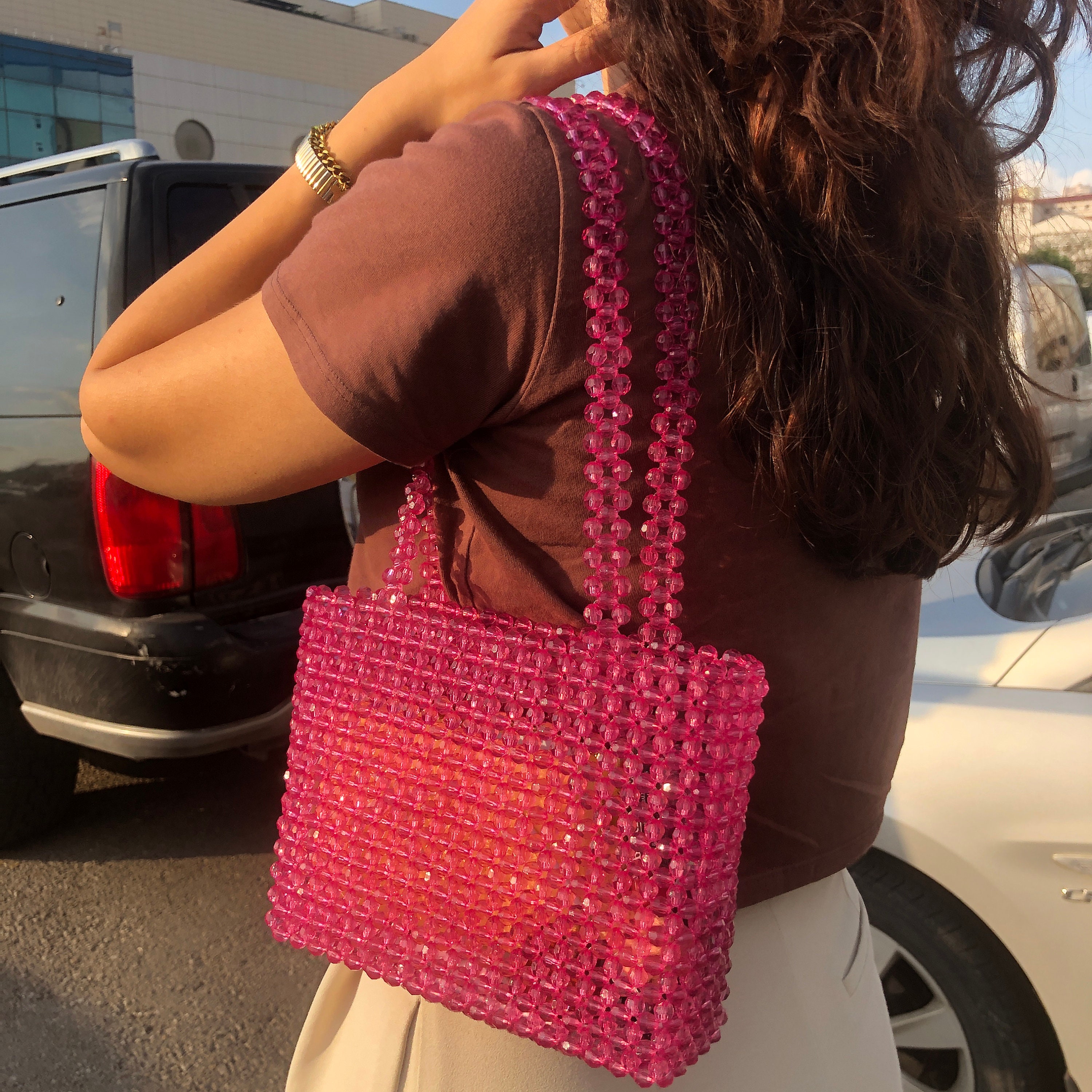 Pink Crystal Bead Bag Pink Bead Bag Bead Shoulder Bag Beaded