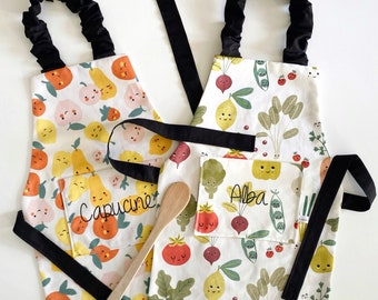 Customizable children's kitchen apron - vegetables or fruits 3 years-6 years - Montessori collar