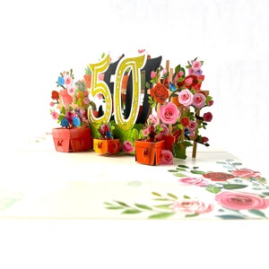 Handmade 3D popup card 50th Birthday rose cake candle garden pots