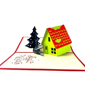 Handgemaakte 3D pop-up kerstkaart cottage boom vrolijke kerstcadeaus