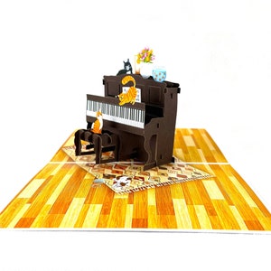 Carte pop-up 3D faite main Chat Piano Anniversaire Mère Nouvelle maison Nouvel animal de compagnie