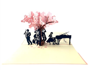 Handmade 3D popup card piano lady sakura band birthday Valentine musicians music brass band outdoor