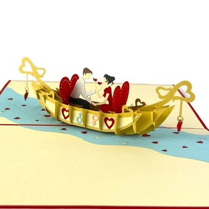 Carte popup 3D faite main pour couple d'anniversaire de bateau fluvial, mariage de fiançailles de la Saint-Valentin