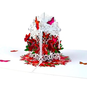 Carte popup 3D faite main, cage à oiseaux, anniversaire, papillon, anniversaire de la mère