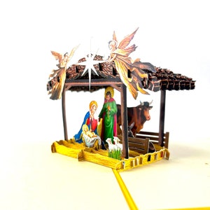 Tarjeta 3D desplegable hecha a mano Tarjeta navideña Natividad saludos de temporada Niño Jesús San José María celebraciones pesebre ángel oveja burro