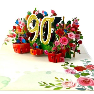 Handgemaakte 3D-pop-upkaart 90e verjaardag rozentaartkaars tuinpotten