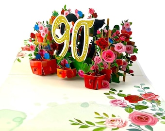Handmade 3D popup card 90th Birthday rose cake candle garden pots