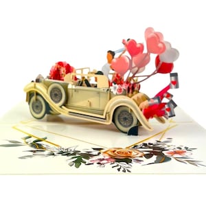 Tarjeta de boda blanca emergente 3D hecha a mano, regalo, invitación, cásate conmigo, gran día, novia y novio, coche de boda