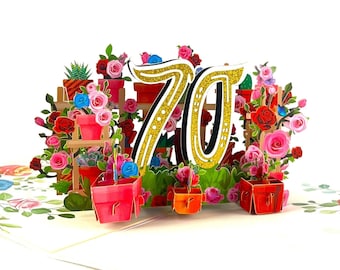 Handmade 3D popup card 70th 70 Birthday rose cake candle garden pots